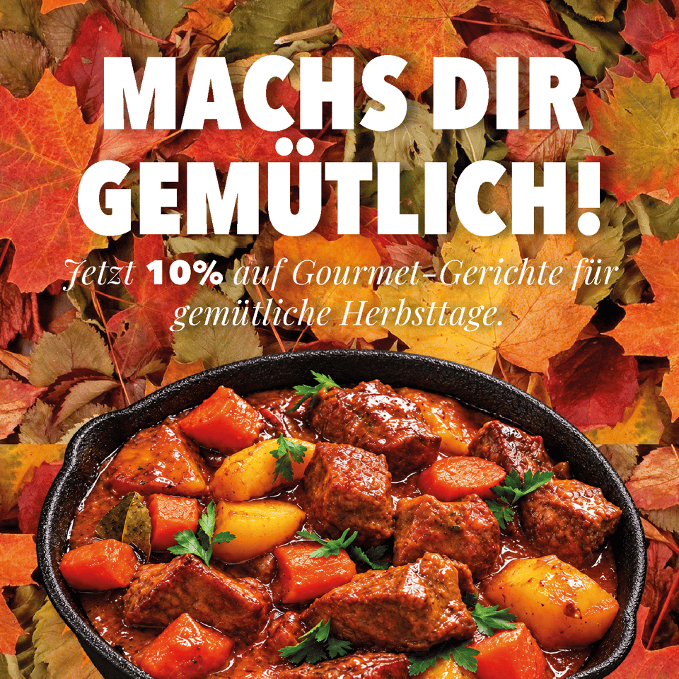 Herbstaktion für Gourmet-Gerichte: 10 % auf Gerichte, Motiv mit herbstlichen Blättern und Schmorgericht