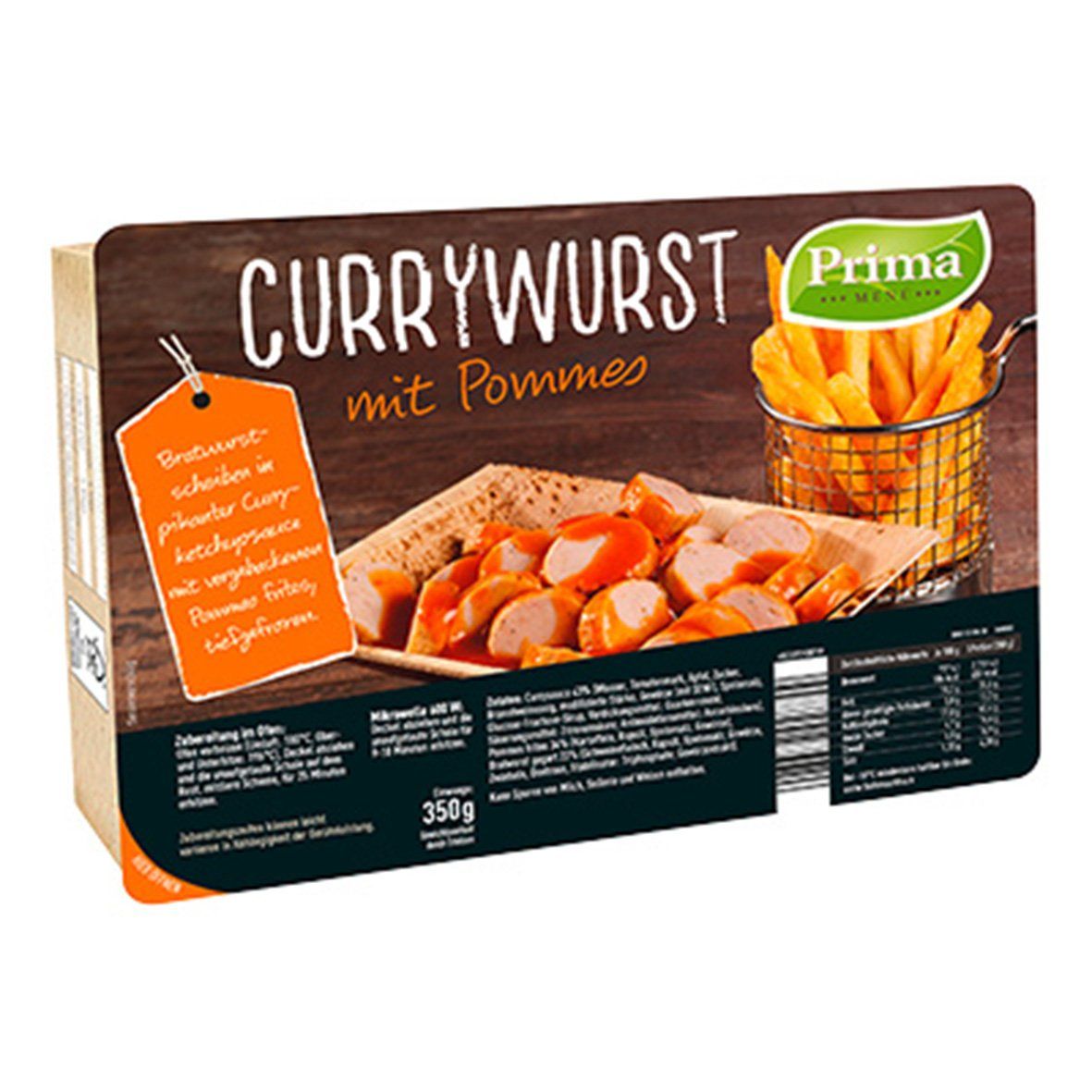 Prima MENÜ – Currywurst mit Pommes, 350 g, tiefgefroren