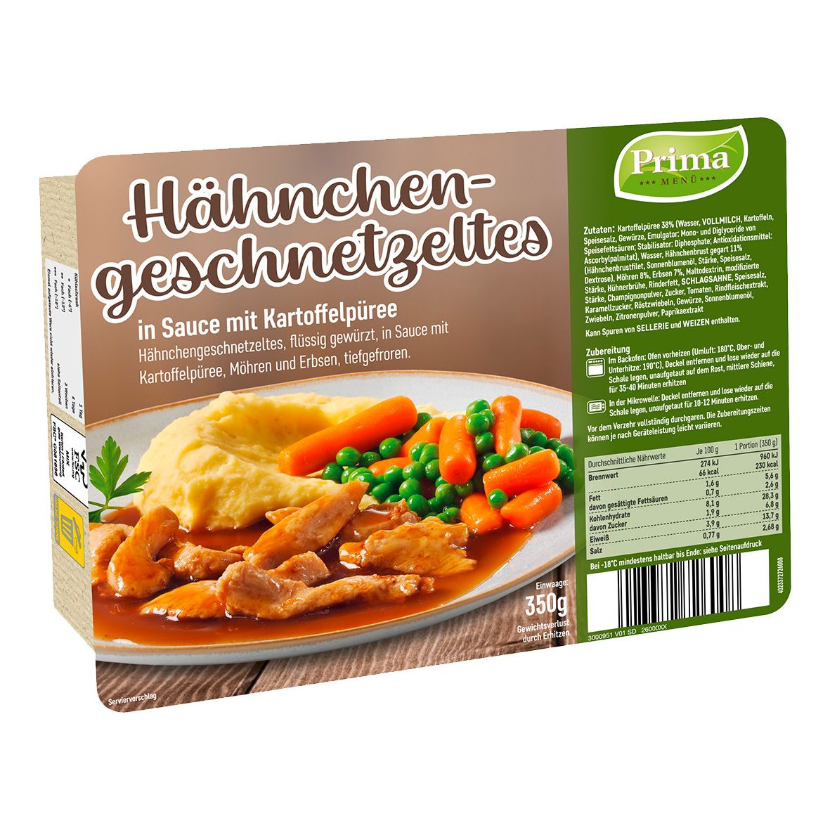 Hähnchengeschnetzeltes in brauner Sauce mit Kartoffelpüree, Gemüse – 350 g (tiefgefroren)