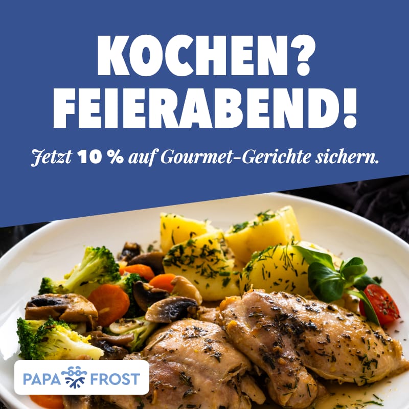 Kochen? Feierabend! 10 % auf Gourmet-Gerichte – Teller mit Gericht und Gemüse