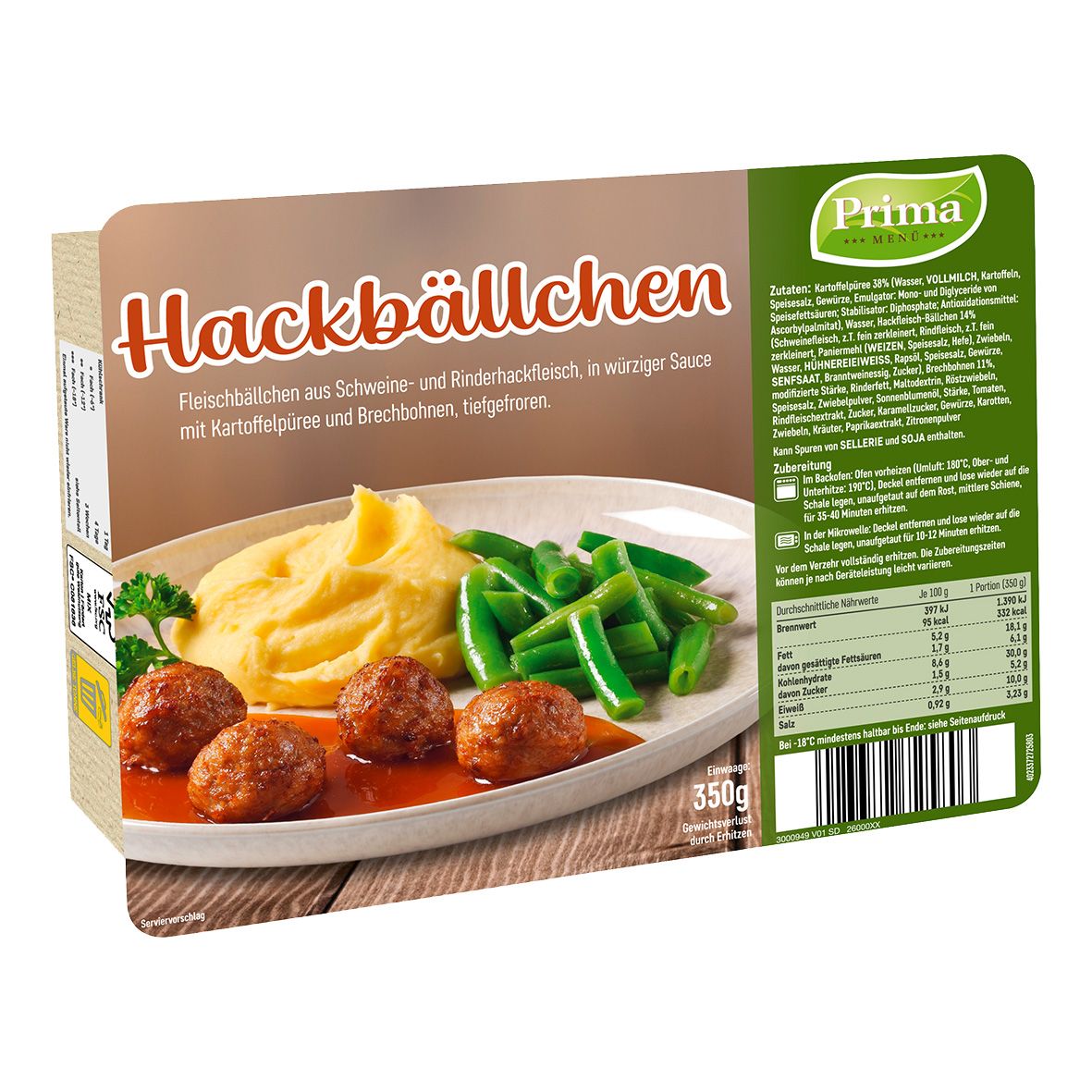 Hackbällchen mit Kartoffelpüree & Brechbohnen – 350 g