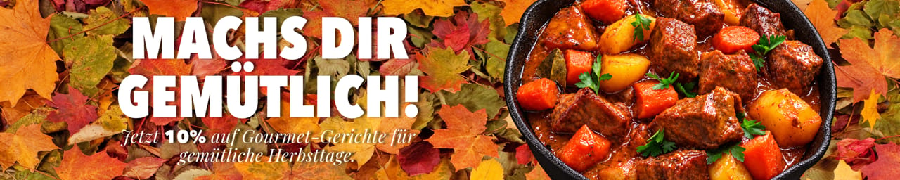 Herbstaktion für Gourmet-Gerichte: 10 % auf Gerichte, Motiv mit herbstlichen Blättern und Schmorgericht